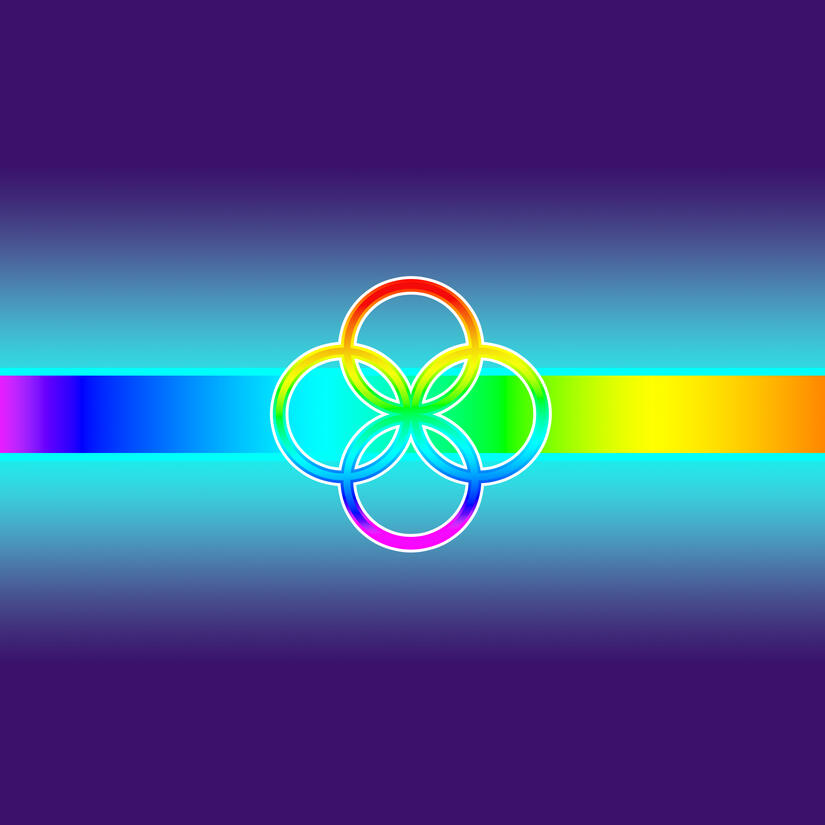 Image consists of a teal and violet gradient with a centered spectrum gradient, teal stroke. Centered plural rings in a white bordered, spectrum gradient fashion.